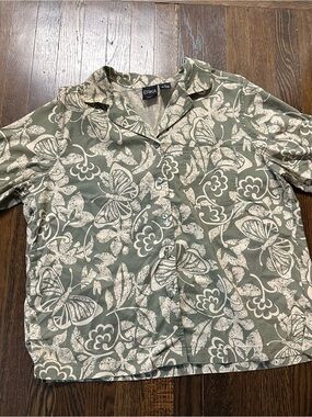 Erika Sage Green and Cream Butterfly Floral Print Button-Down Top